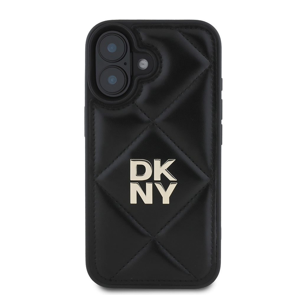 iPhone 16 Kılıf DKNY Orjinal Lisanslı Kapitone Tasarımlı Metal Logolu Deri Kılıf Siyah