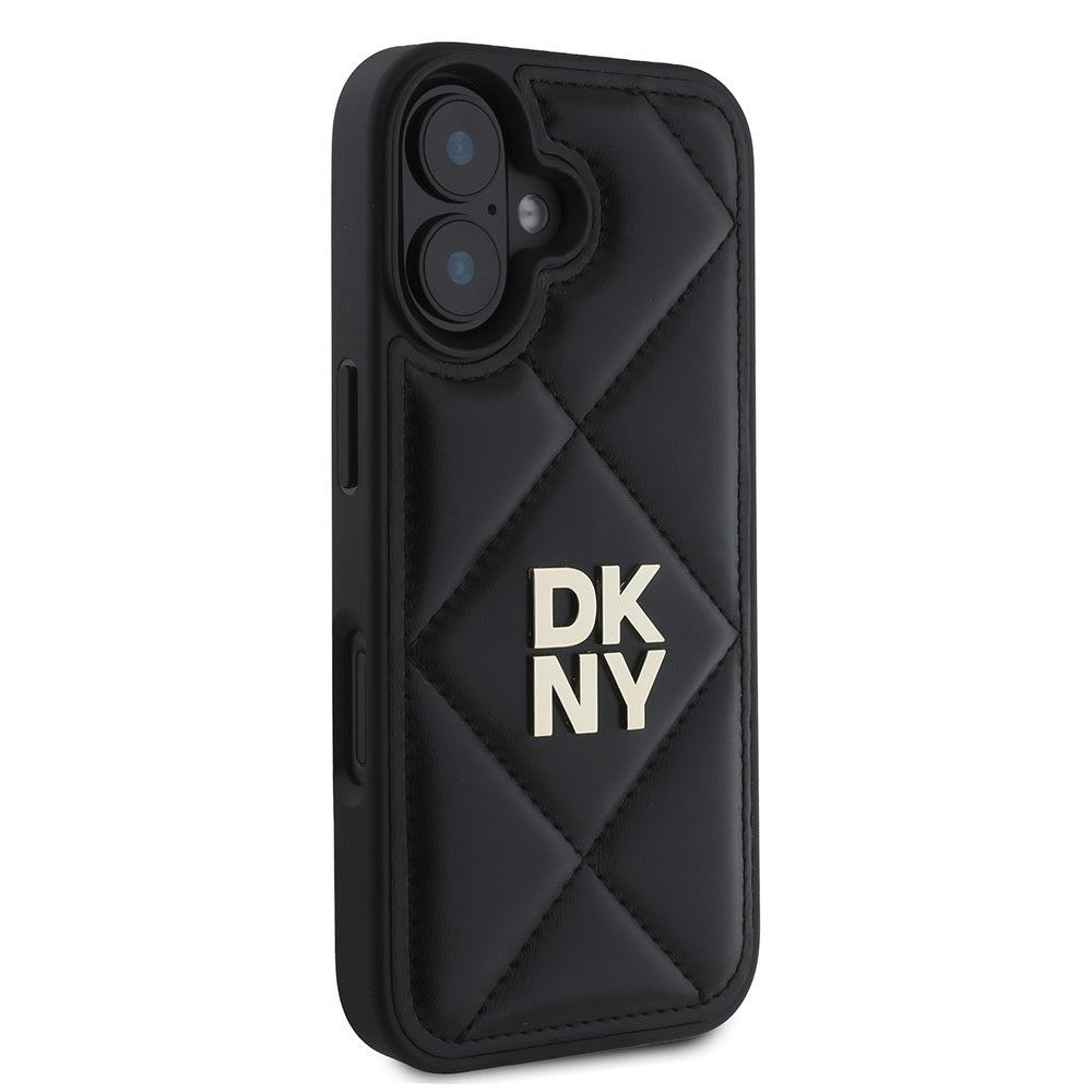 iPhone 16 Kılıf DKNY Orjinal Lisanslı Kapitone Tasarımlı Metal Logolu Deri Kılıf Siyah