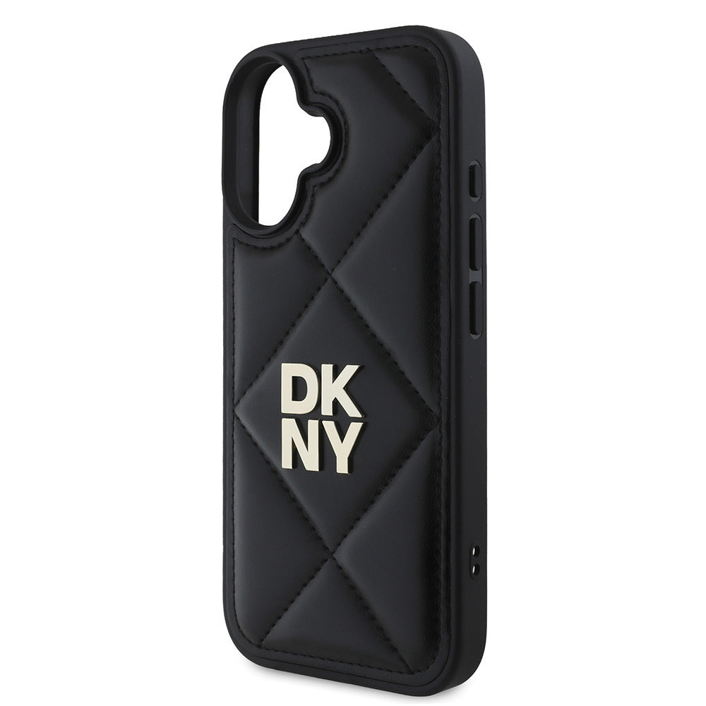 iPhone 16 Kılıf DKNY Orjinal Lisanslı Kapitone Tasarımlı Metal Logolu Deri Kılıf Siyah