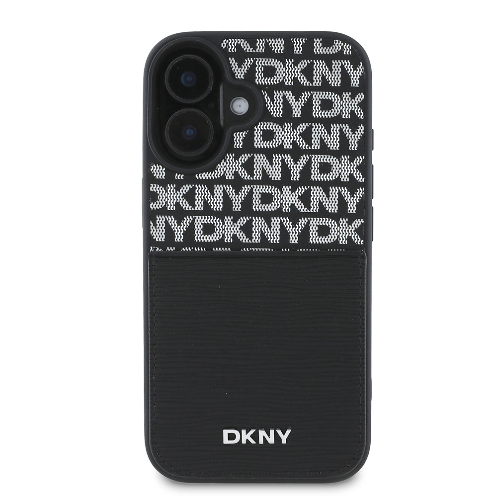 iPhone 16 Kılıf DKNY Orjinal Lisanslı Kartlıklı 3D Yazılı Repeat Texture Pattern Kılıf Siyah