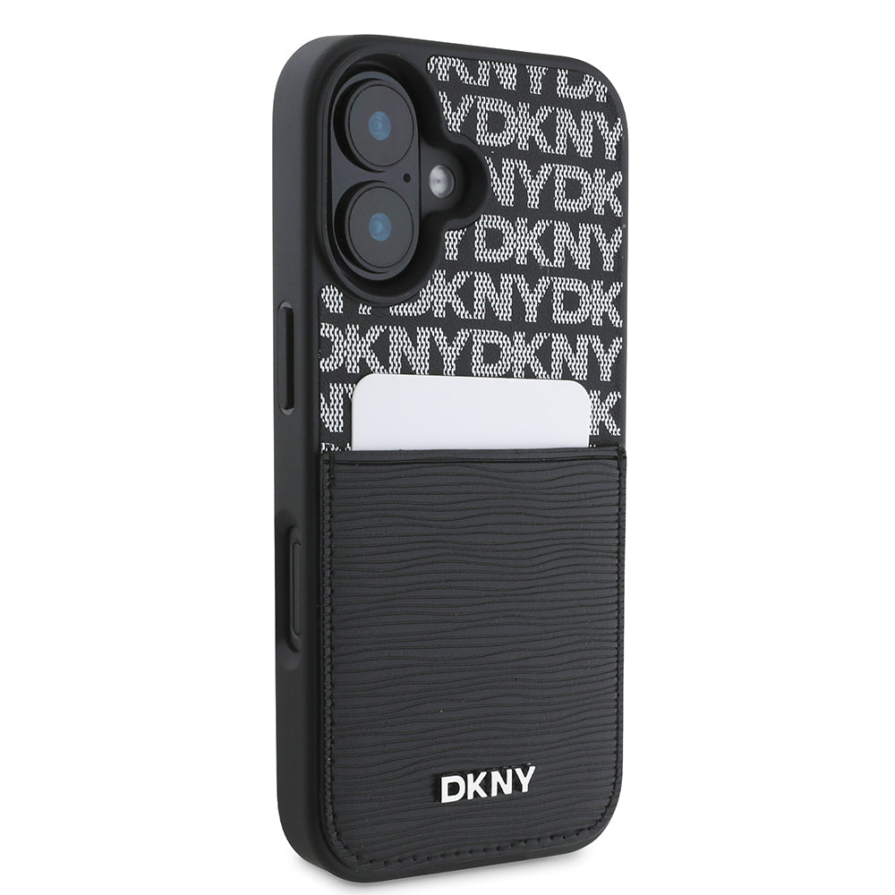 iPhone 16 Kılıf DKNY Orjinal Lisanslı Kartlıklı 3D Yazılı Repeat Texture Pattern Kılıf Siyah