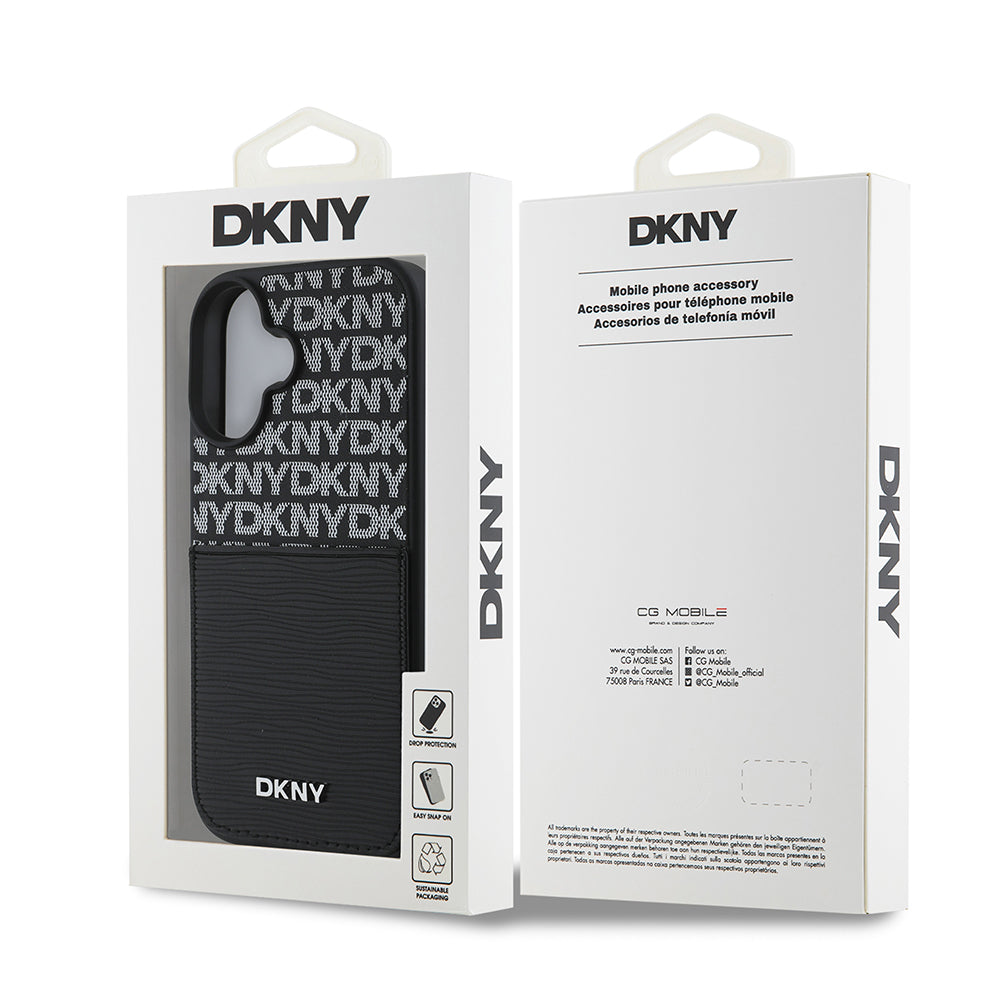 iPhone 16 Kılıf DKNY Orjinal Lisanslı Kartlıklı 3D Yazılı Repeat Texture Pattern Kılıf Siyah