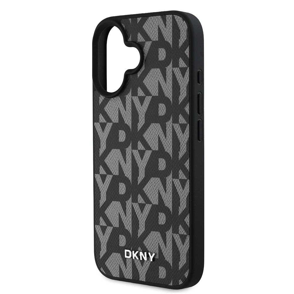 Apple iPhone 16 Kılıf DKNY Orjinal Lisanslı M-safe Şarj Özellikli 3D Yazılı Grid Pattern Kapak Gri