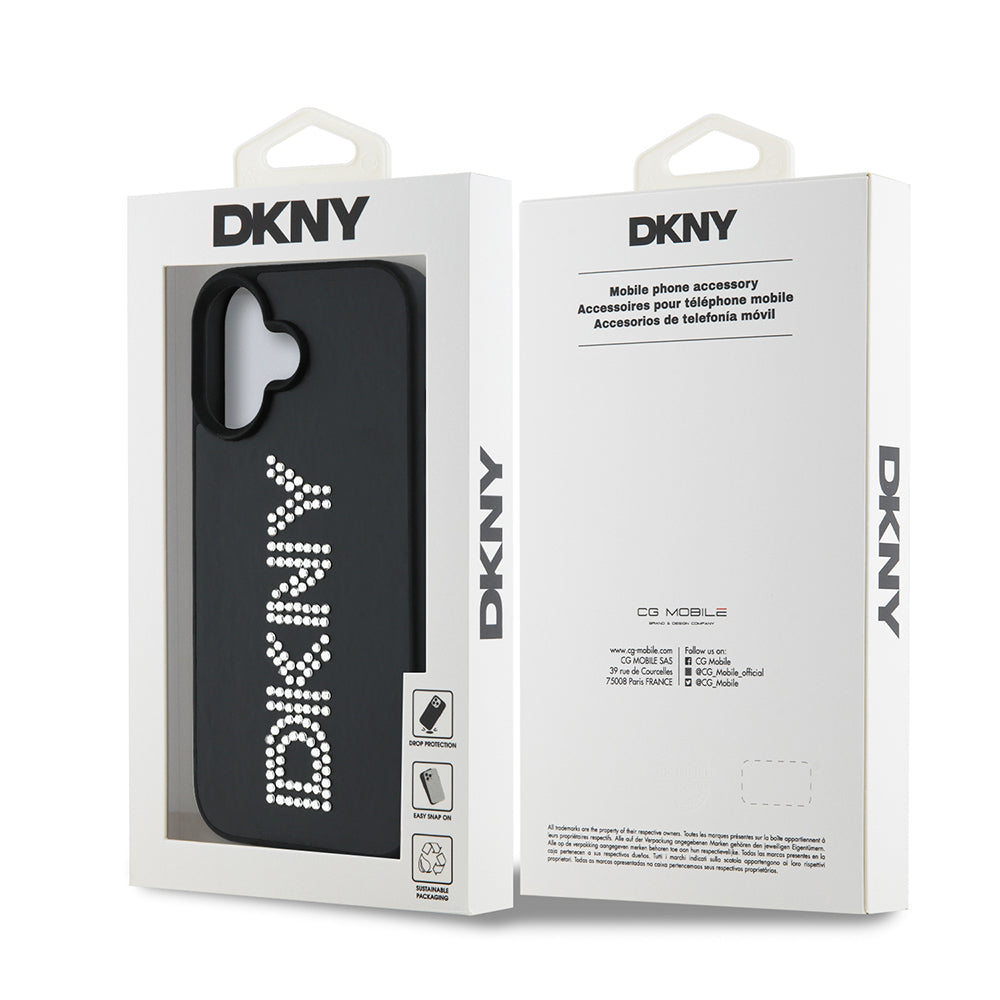 Apple iPhone 16 Kılıf DKNY Orjinal Lisanslı Taşlı DKNY Yazılı Metalik Rhinestones PU Deri Kapak Siyah