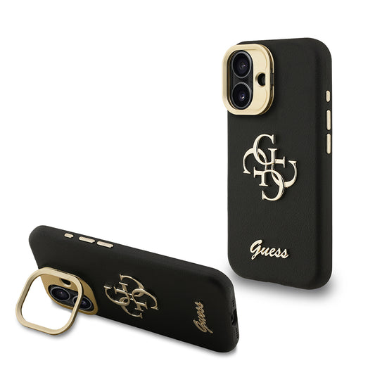 Apple iPhone 16 Kılıf Guess Orjinal Lisanslı Grained Yazı Logolu Kamera Standlı Kapak Siyah