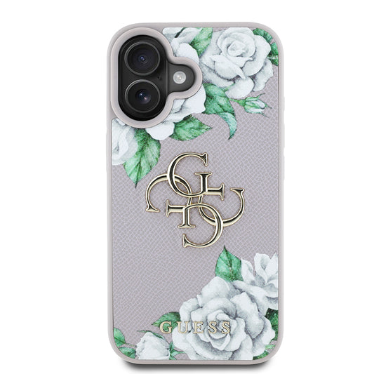 Apple iPhone 16 Kılıf Guess Orjinal Lisanslı Gül Baskılı Büyük Metal Logo Dizaynlı Kapak Mor