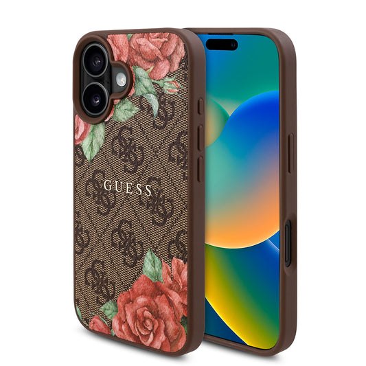 Apple iPhone 16 Kılıf Guess Orjinal Lisanslı M-safe Şarj Özellikli Gül Baskılı 4G Desenli Yazı Logolu Kapak