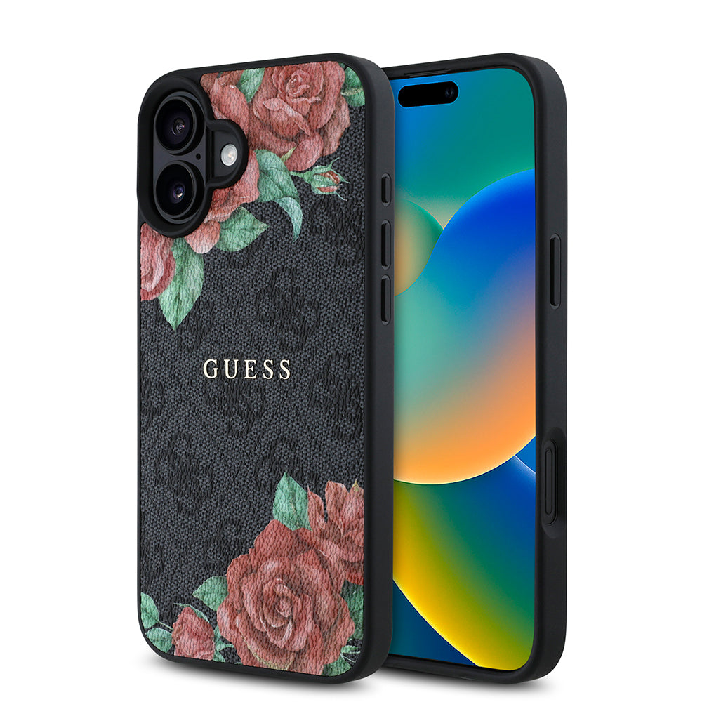 Apple iPhone 16 Kılıf Guess Orjinal Lisanslı M-safe Şarj Özellikli Gül Baskılı 4G Desenli Yazı Logolu Kapak