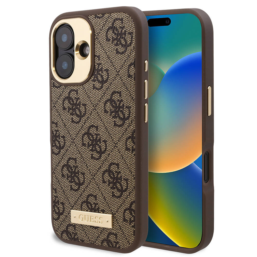 Apple iPhone 16 Kılıf Guess Orjinal Lisanslı M-safe Şarj Özellikli PU 4G Desenli Metal Plaka Klasik Logolu Kapak