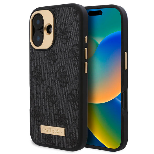 Apple iPhone 16 Kılıf Guess Orjinal Lisanslı M-safe Şarj Özellikli PU 4G Desenli Metal Plaka Klasik Logolu Kapak