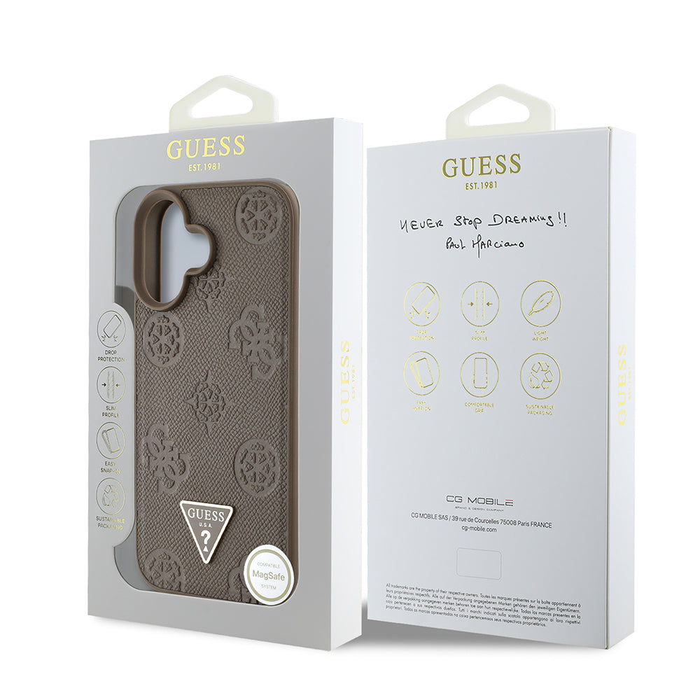 Apple iPhone 16 Kılıf Guess Orjinal Lisanslı M-safe Şarj Özellikli Sıcak Baskılı Üçgen Logolu PU Deri Peony Kapak Pembe