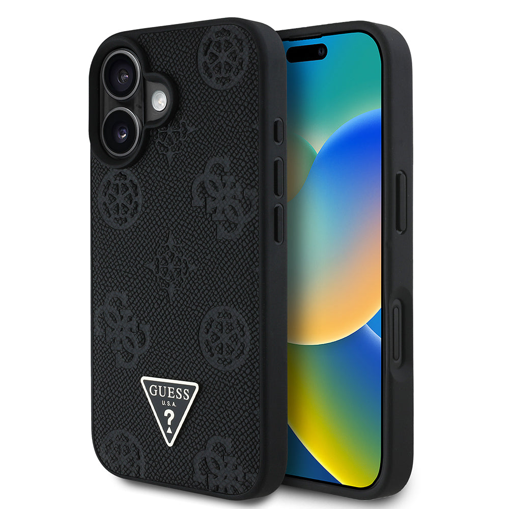 Apple iPhone 16 Kılıf Guess Orjinal Lisanslı M-safe Şarj Özellikli Sıcak Baskılı Üçgen Logolu PU Deri Peony Kapak Siyah