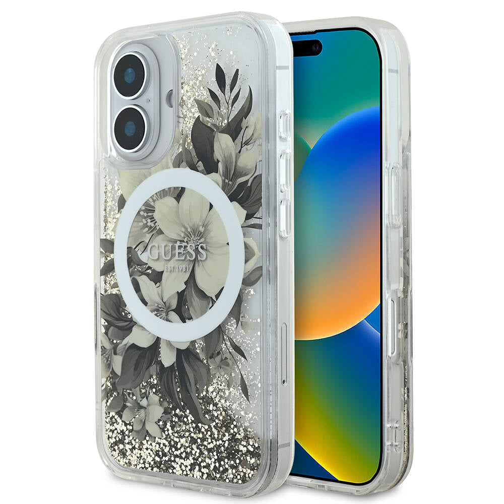 Apple iPhone 16 Kılıf Guess Orjinal Lisanslı M-safe Şarj Özellikli Sıvılı Simli Çiçek Desenli Kapak