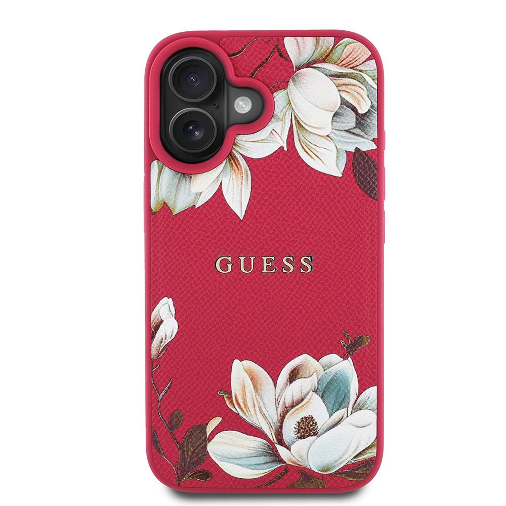 Apple iPhone 16 Kılıf Guess Orjinal Lisanslı M-safe Şarj Özellikli Taneli Çiçek Tasarımlı Metal Yazı Logolu Kapak