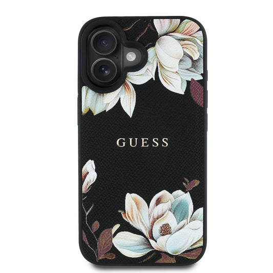 Apple iPhone 16 Kılıf Guess Orjinal Lisanslı M-safe Şarj Özellikli Taneli Çiçek Tasarımlı Metal Yazı Logolu Kapak Siyah