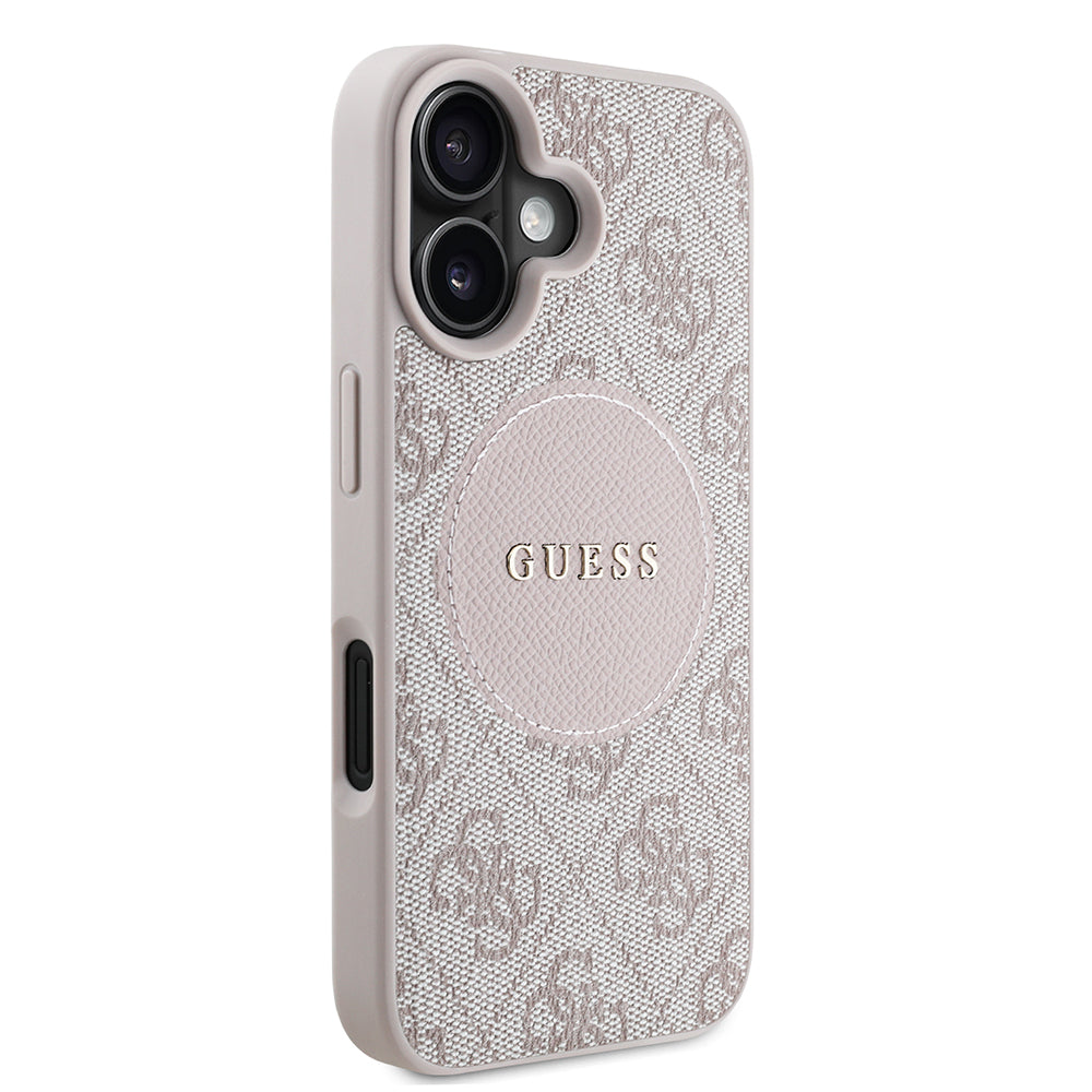 Apple iPhone 16 Kılıf Guess Orjinal Lisanslı M-safe Şarj Özellikli Yazı Logolu Circle Classic Kapak Pembe