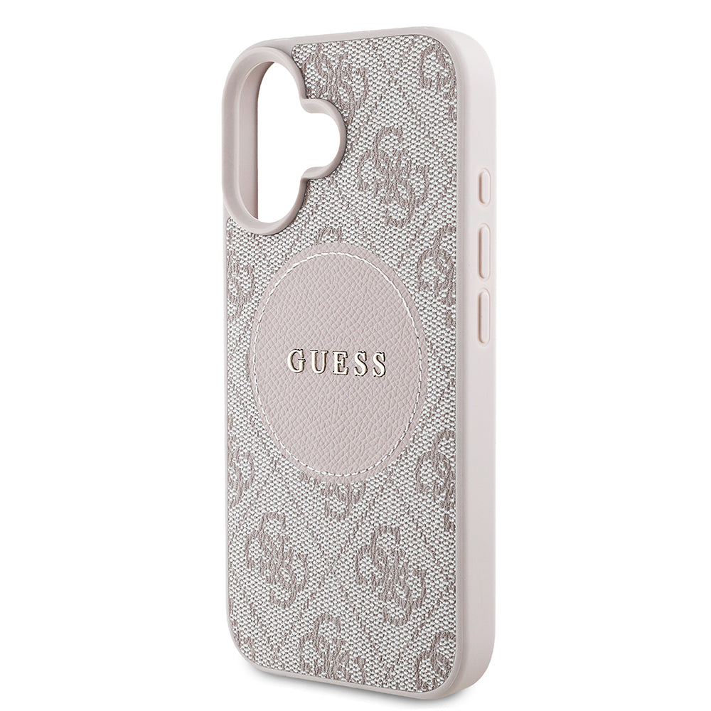 Apple iPhone 16 Kılıf Guess Orjinal Lisanslı M-safe Şarj Özellikli Yazı Logolu Circle Classic Kapak Pembe