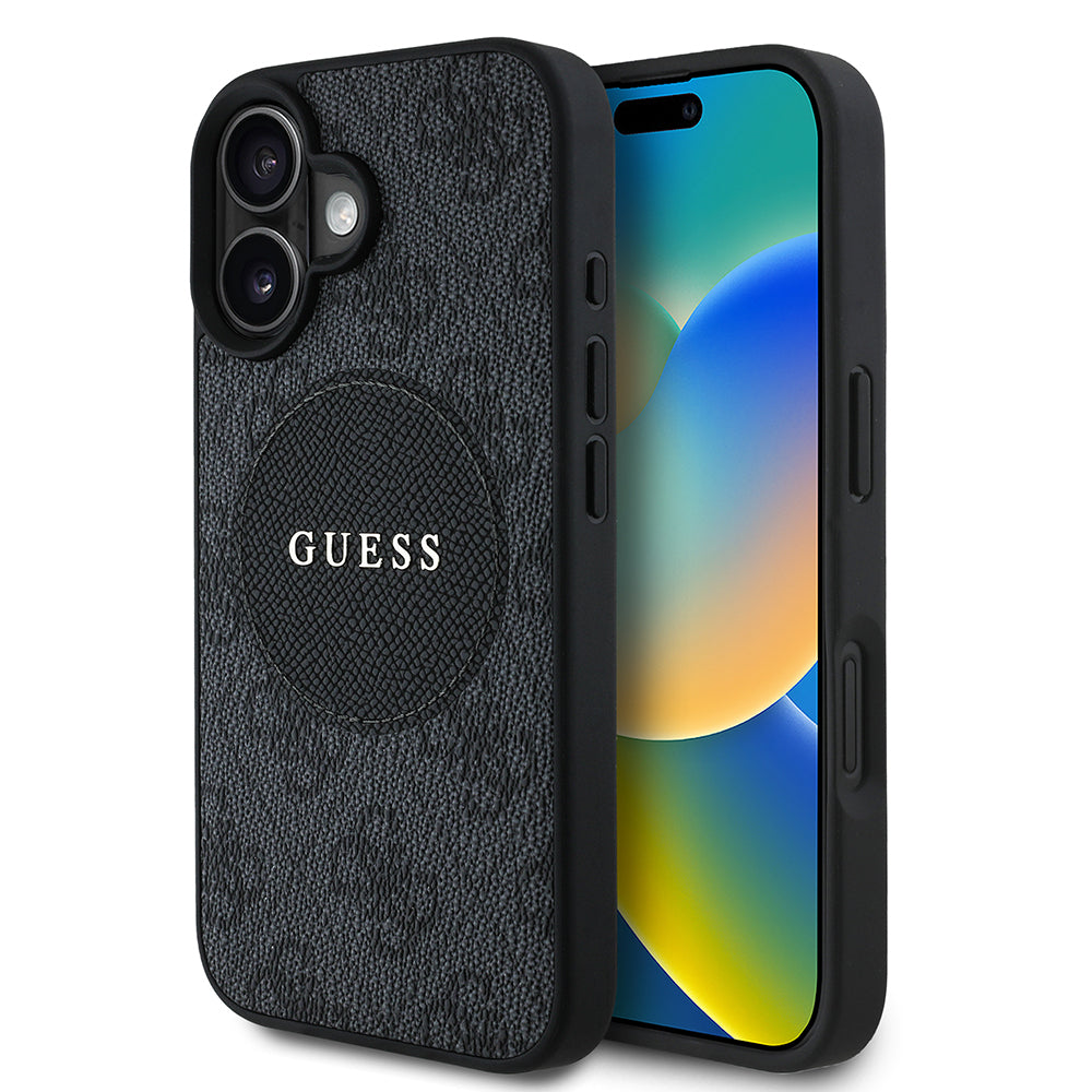 Apple iPhone 16 Kılıf Guess Orjinal Lisanslı M-safe Şarj Özellikli Yazı Logolu Circle Classic Kapak Siyah