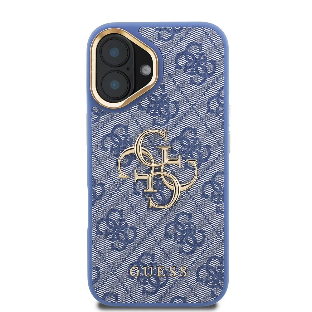 Apple iPhone 16 Kılıf Guess Orjinal Lisanslı PU Deri 4G Desenli Metal Büyük 4G ve Yazı Logolu Kamera Standlı Kapak Mavi