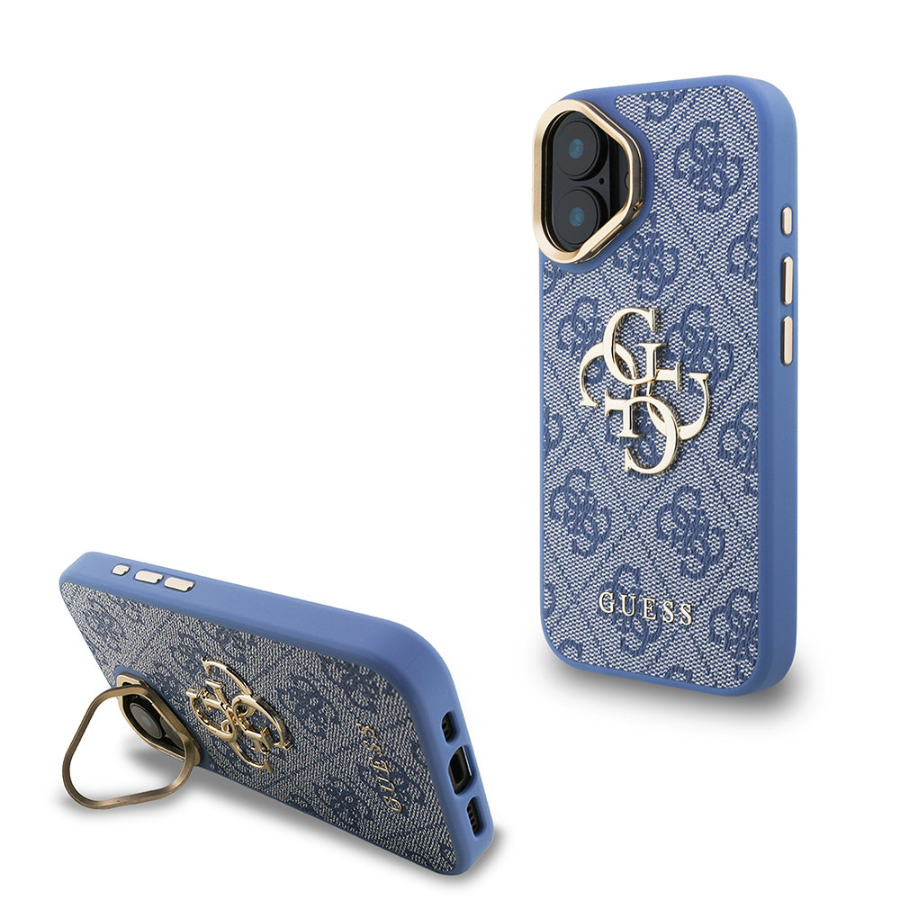 Apple iPhone 16 Kılıf Guess Orjinal Lisanslı PU Deri 4G Desenli Metal Büyük 4G ve Yazı Logolu Kamera Standlı Kapak Mavi