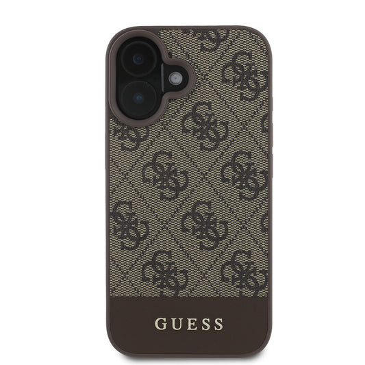 Apple iPhone 16 Kılıf Guess Orjinal Lisanslı PU Deri Şerit Logo Dizaynlı Kapak Kahverengi