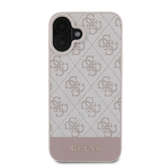 Apple iPhone 16 Kılıf Guess Orjinal Lisanslı PU Deri Şerit Logo Dizaynlı Kapak Pembe