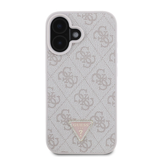 Apple iPhone 16 Kılıf Guess Orjinal Lisanslı PU Deri Taşlı Üçgen Logo 4G Desenli Strass Kapak Pembe