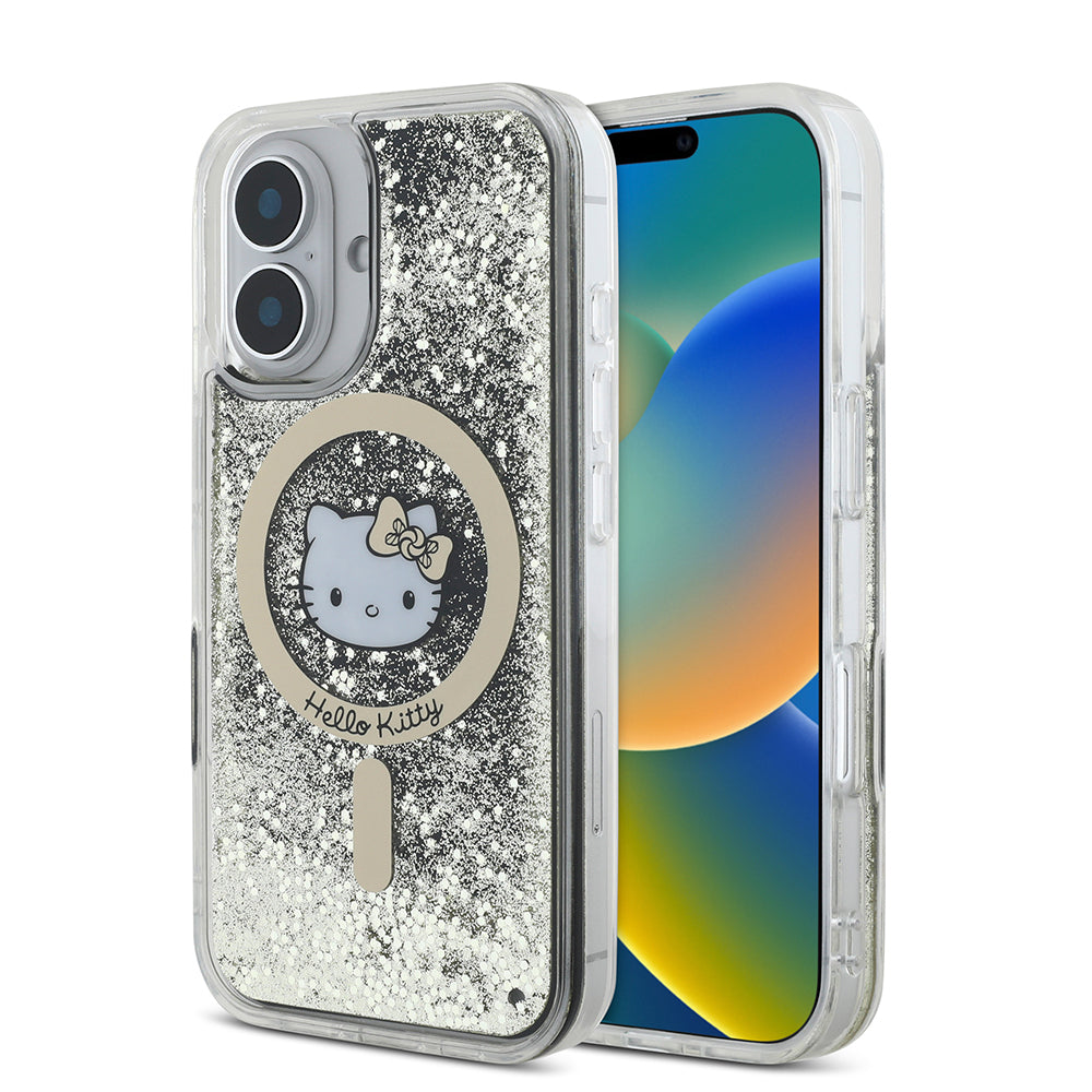iPhone 16 Kılıf Hello Kitty Orjinal Lisanslı Magsafe Şarj Özellikli IML Baskı Kitty Head Logolu Sıvılı Simli Altın Ateşi Kılıf Siyah