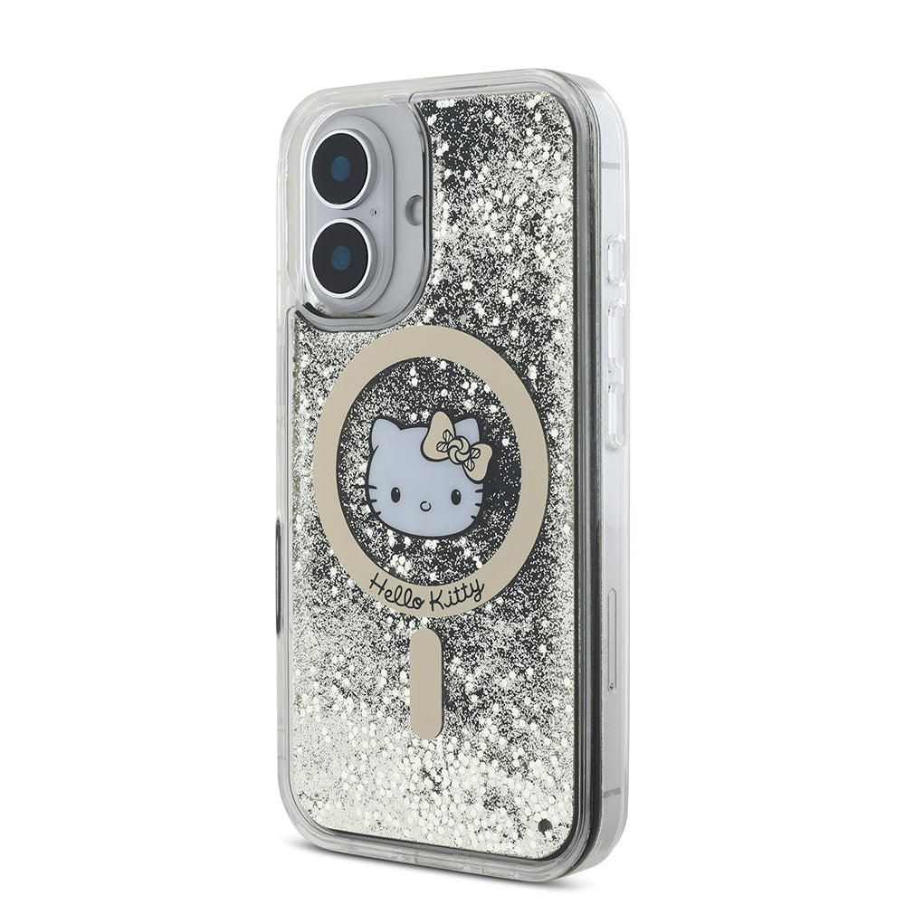 iPhone 16 Kılıf Hello Kitty Orjinal Lisanslı Magsafe Şarj Özellikli IML Baskı Kitty Head Logolu Sıvılı Simli Altın Ateşi Kılıf Siyah