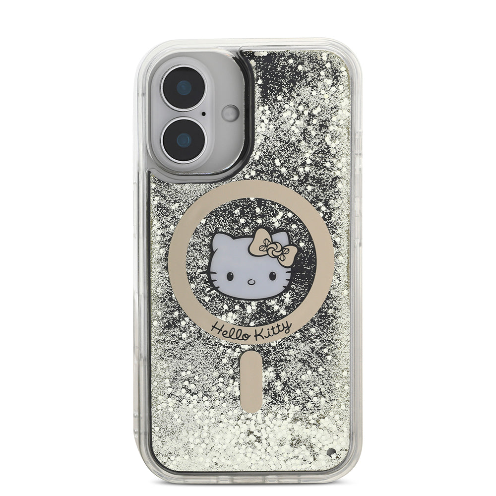 iPhone 16 Kılıf Hello Kitty Orjinal Lisanslı Magsafe Şarj Özellikli IML Baskı Kitty Head Logolu Sıvılı Simli Altın Ateşi Kılıf Siyah