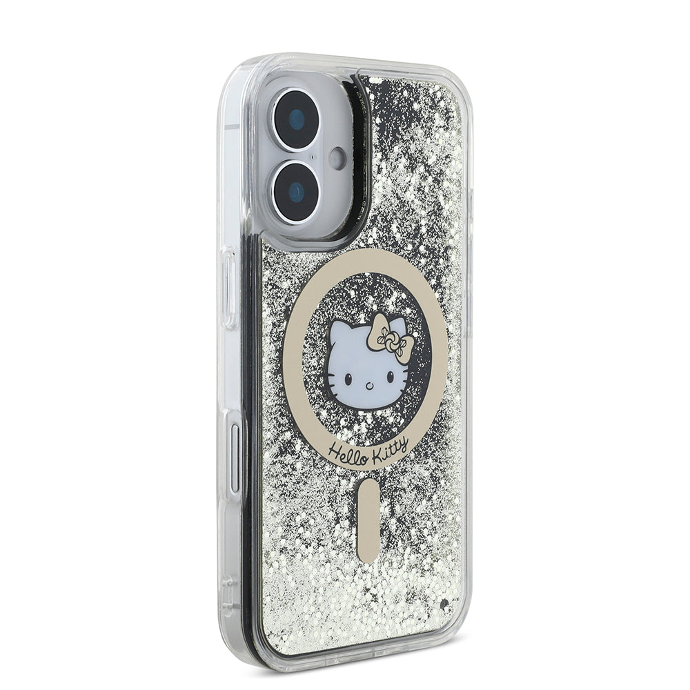 iPhone 16 Kılıf Hello Kitty Orjinal Lisanslı Magsafe Şarj Özellikli IML Baskı Kitty Head Logolu Sıvılı Simli Altın Ateşi Kılıf Siyah
