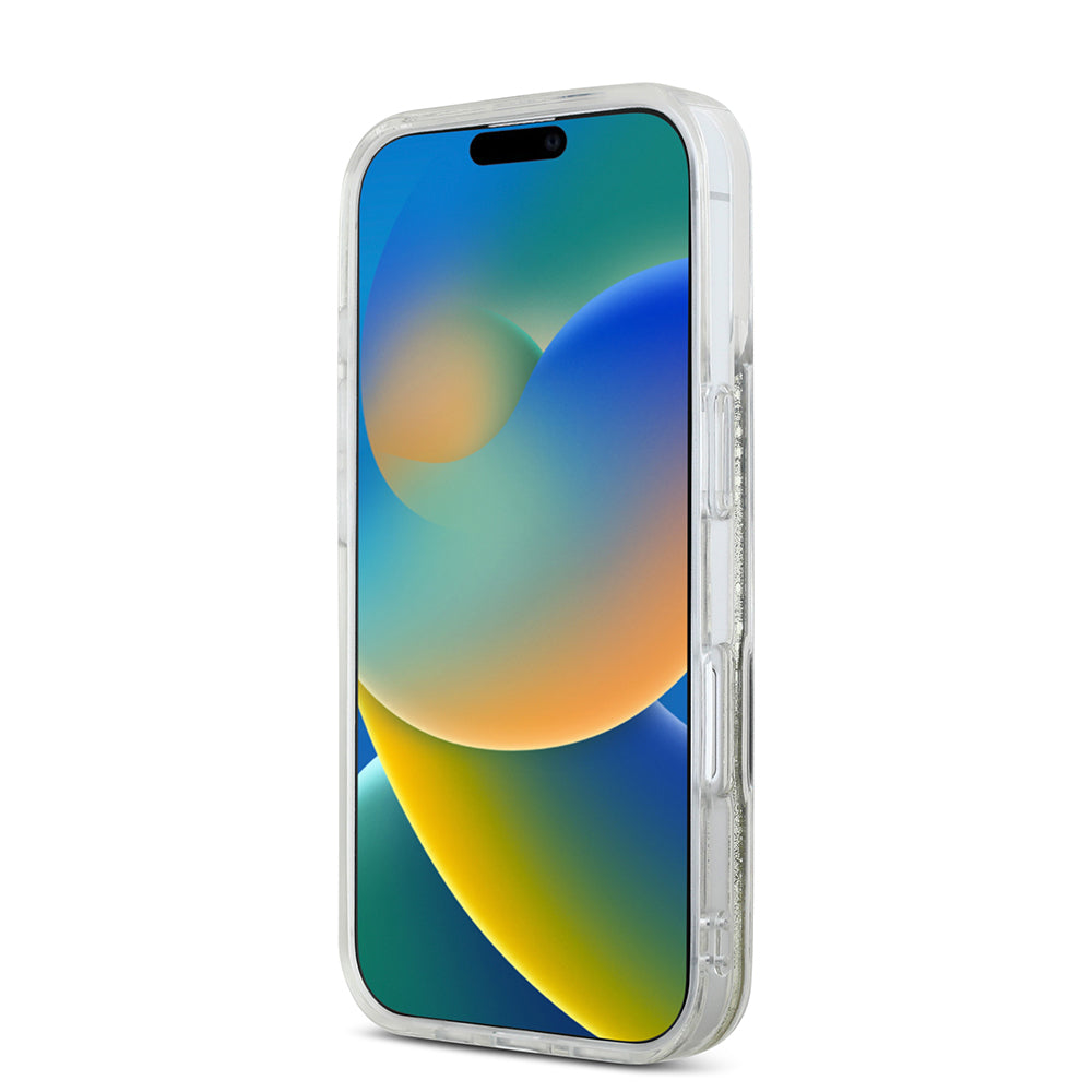 iPhone 16 Kılıf Hello Kitty Orjinal Lisanslı Magsafe Şarj Özellikli IML Baskı Kitty Head Logolu Sıvılı Simli Altın Ateşi Kılıf Siyah