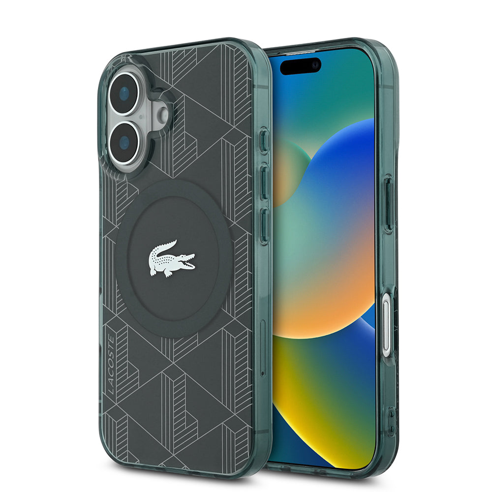 iPhone 16 Kılıf Lacoste Orjinal Lisanslı Magsafe Şarj Özellikli IML Baskılı Gümüş Timsah Logolu Monogram Kılıf Yeşil
