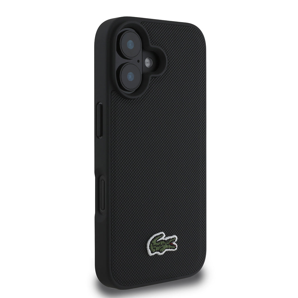 Apple iPhone 16 Kılıf Lacoste Orjinal Lisanslı PU Pike Desenli Arka Yüzey İkonik Timsah Dokuma Logolu Kapak + Type-C Kablo 1.5m Siyah