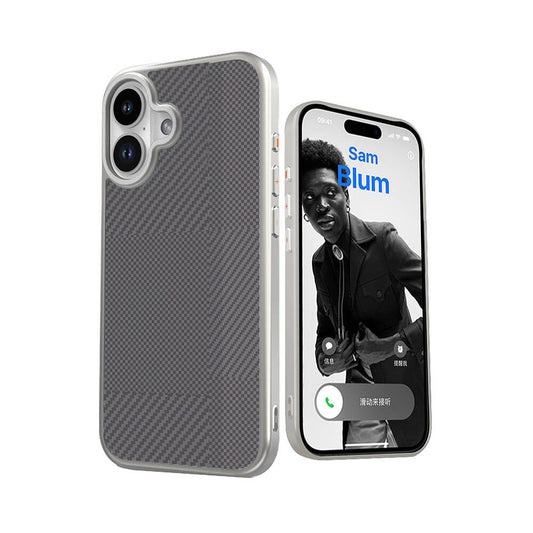 iPhone 16 Kılıf Magsafe Şarj Özellikli Karbon Fiber Desenli Mutural Montage Kılıf Gümüş