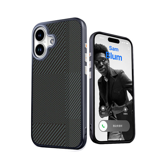 iPhone 16 Kılıf Magsafe Şarj Özellikli Karbon Fiber Desenli Mutural Montage Kılıf Mavi