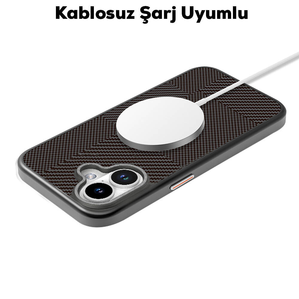 iPhone 16 Kılıf Magsafe Şarj Özellikli Karbon Fiber Desenli Mutural Montage Kılıf Gümüş