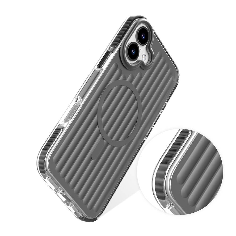 iPhone 16 Kılıf Magsafe Şarj Özellikli Oyuklu Tasarım Mutural Bumpy Clear Kılıf Gri