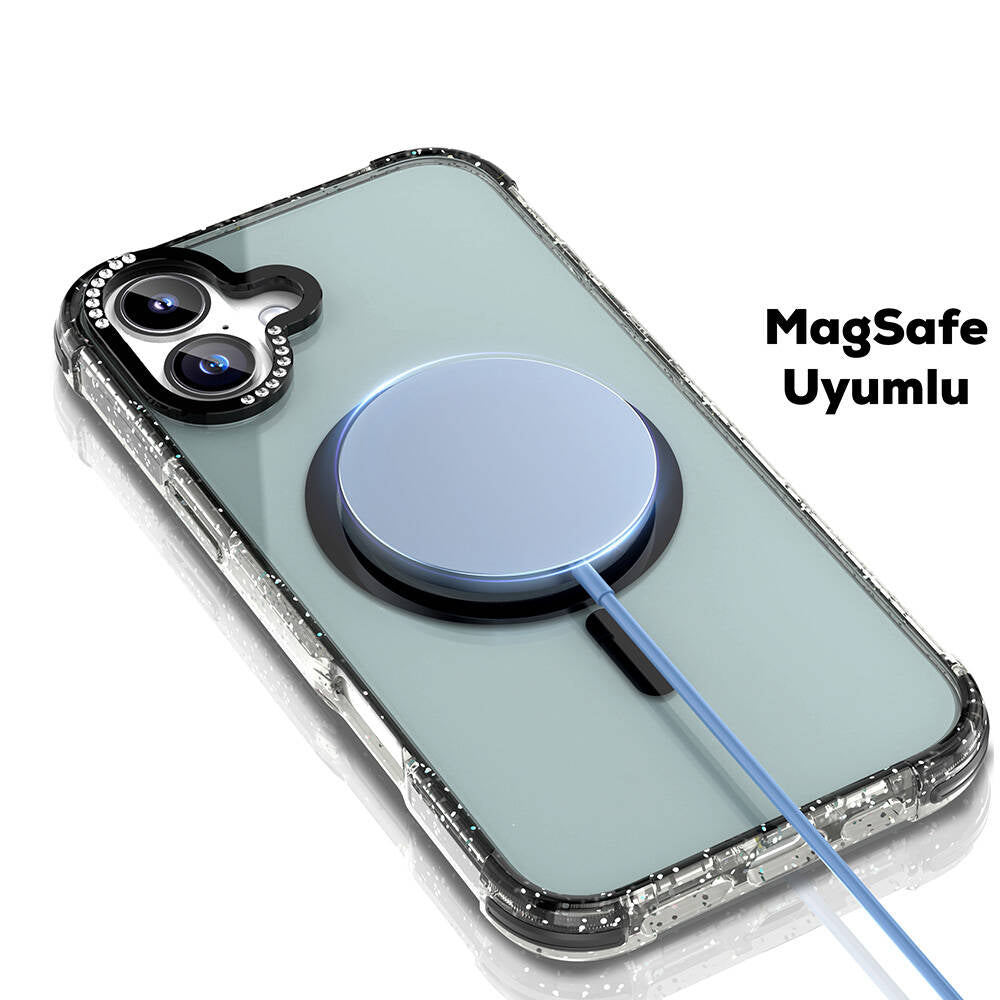 iPhone 16 Kılıf Magsafe Şarj Özellikli Taşlı ve Simli Tasarım Mutural Blink Kılıf Mavi