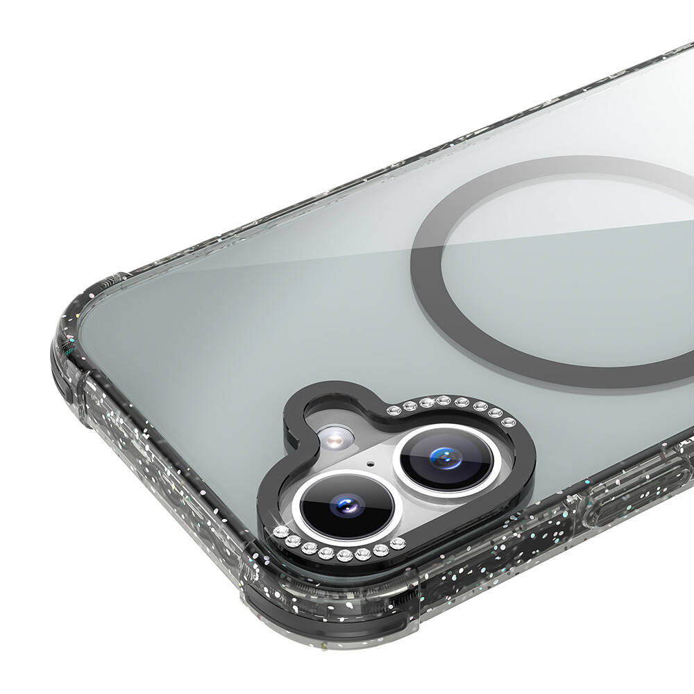 iPhone 16 Kılıf Magsafe Şarj Özellikli Taşlı ve Simli Tasarım Mutural Blink Kılıf Mavi