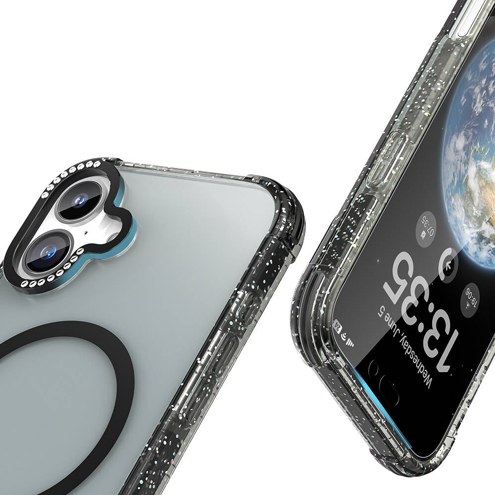 iPhone 16 Kılıf Magsafe Şarj Özellikli Taşlı ve Simli Tasarım Mutural Blink Kılıf Turuncu