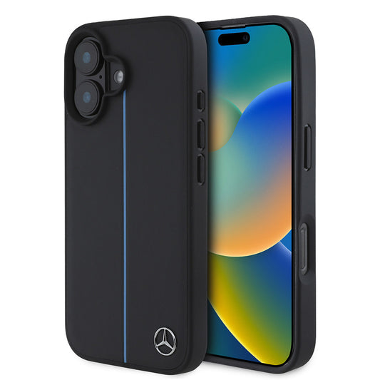 Apple iPhone 16 Kılıf Mercedes Benz Orjinal Lisanslı M-safe Şarj Özellikli Metal Yıldız Logolu Mavi Çizgili Deri Kapak