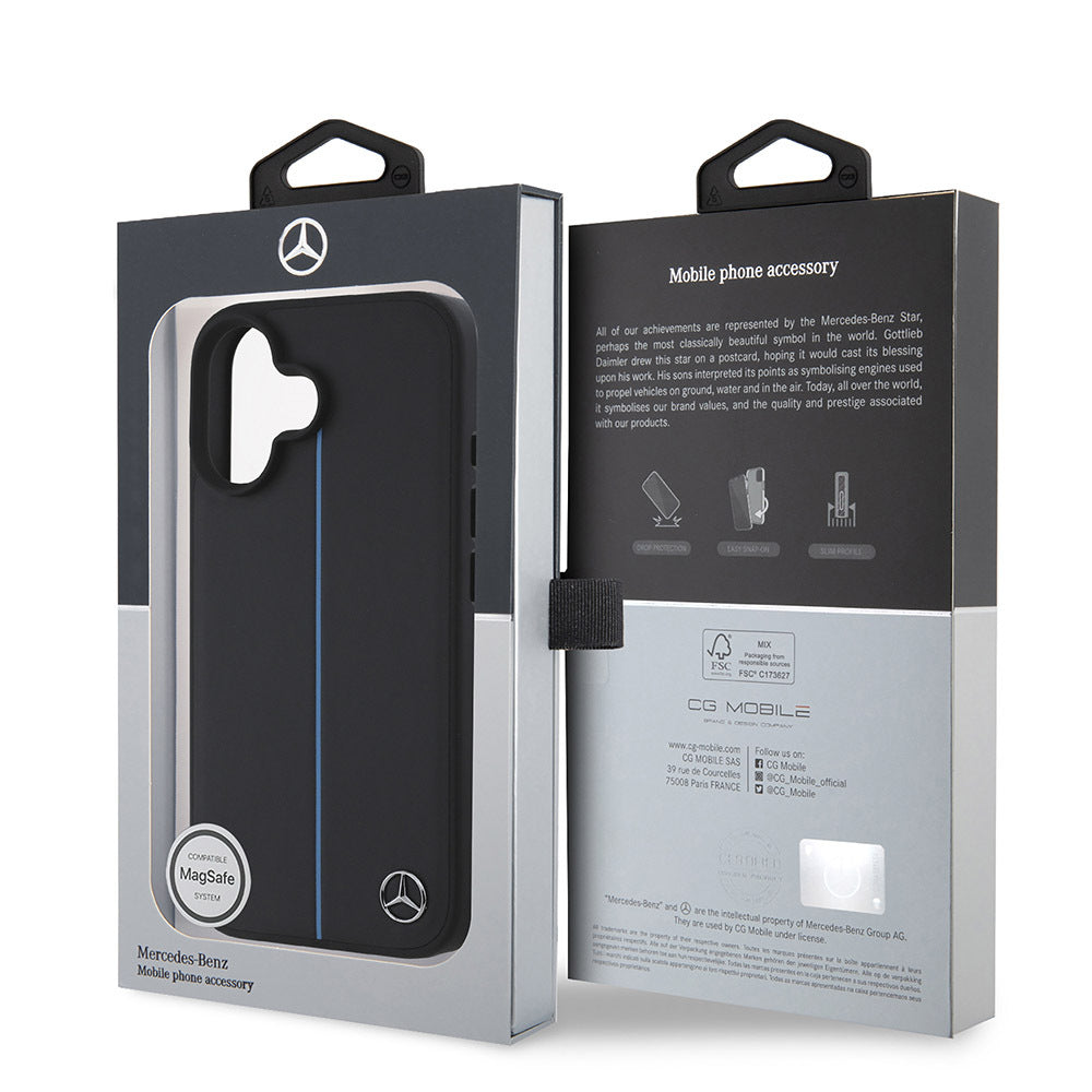 iPhone 16 Kılıf Mercedes Benz Orjinal Lisanslı Magsafe Şarj Özellikli Metal Yıldız Logolu Mavi Çizgili Deri Kılıf Siyah