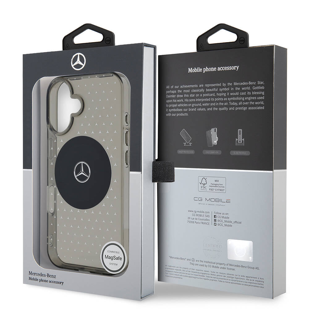 iPhone 16 Kılıf Mercedes Benz Orjinal Lisanslı Magsafe Şarj Özellikli Yıldız Desenli Transparan Kılıf Siyah