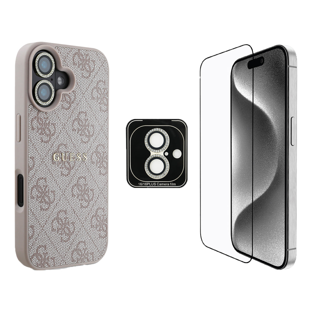 Apple iPhone 16 Plus Guess Orjinal Lisanslı Kılıf + Ekran Koruyucu + Lens Koruyucu 3in1 Aksesuar Seti