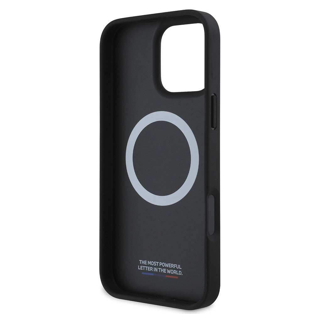 iPhone 16 Plus Kılıf BMW Orjinal Lisanslı Magsafe Şarj Özellikli M Logolu Üç Çizgili Dikiş Detaylı Meshed Tricolor Stripes Kılıf Siyah