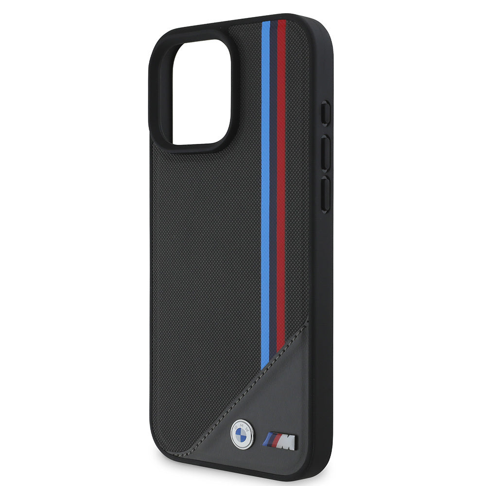iPhone 16 Plus Kılıf BMW Orjinal Lisanslı Magsafe Şarj Özellikli M Logolu Üç Çizgili Dikiş Detaylı Meshed Tricolor Stripes Kılıf Siyah