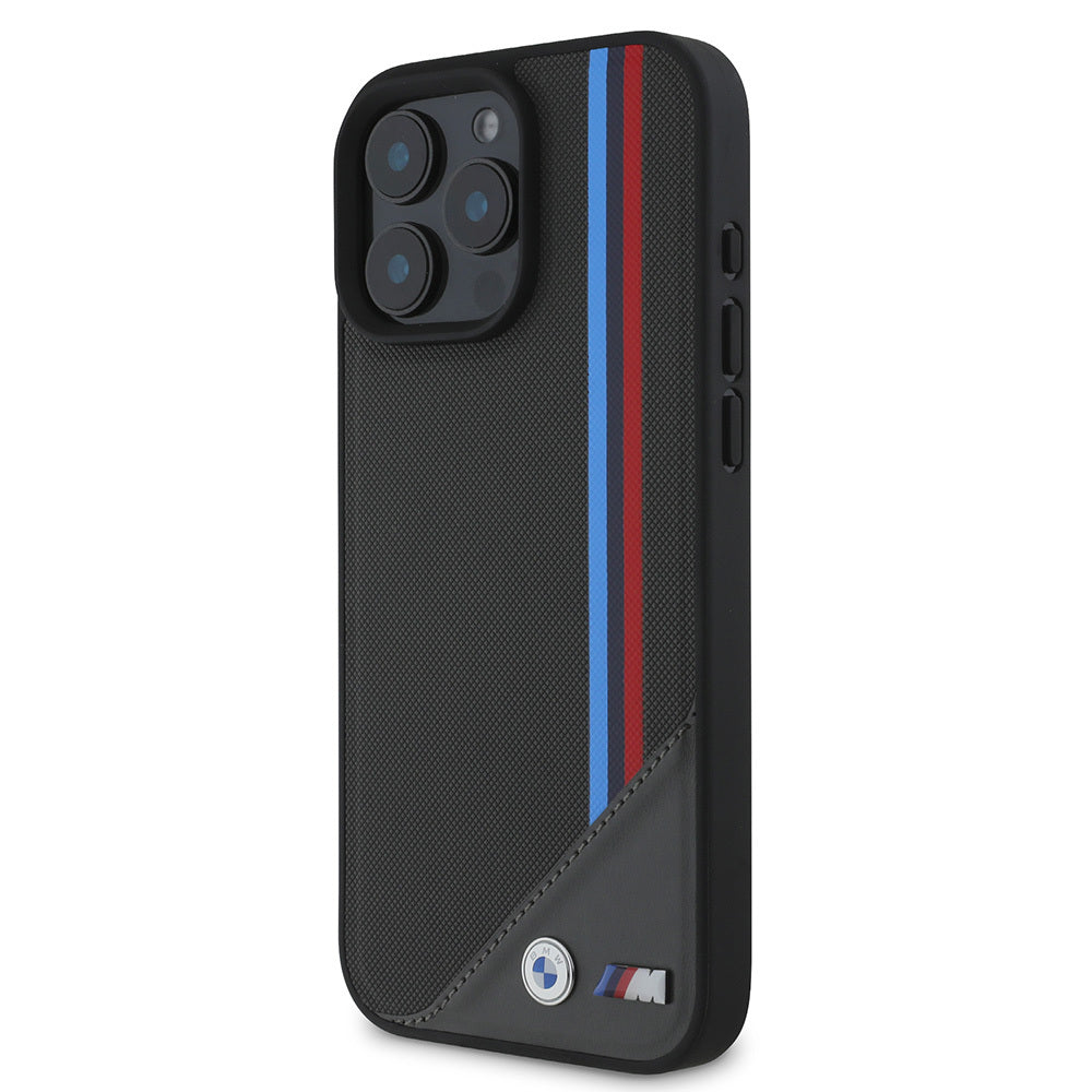 iPhone 16 Plus Kılıf BMW Orjinal Lisanslı Magsafe Şarj Özellikli M Logolu Üç Çizgili Dikiş Detaylı Meshed Tricolor Stripes Kılıf Siyah