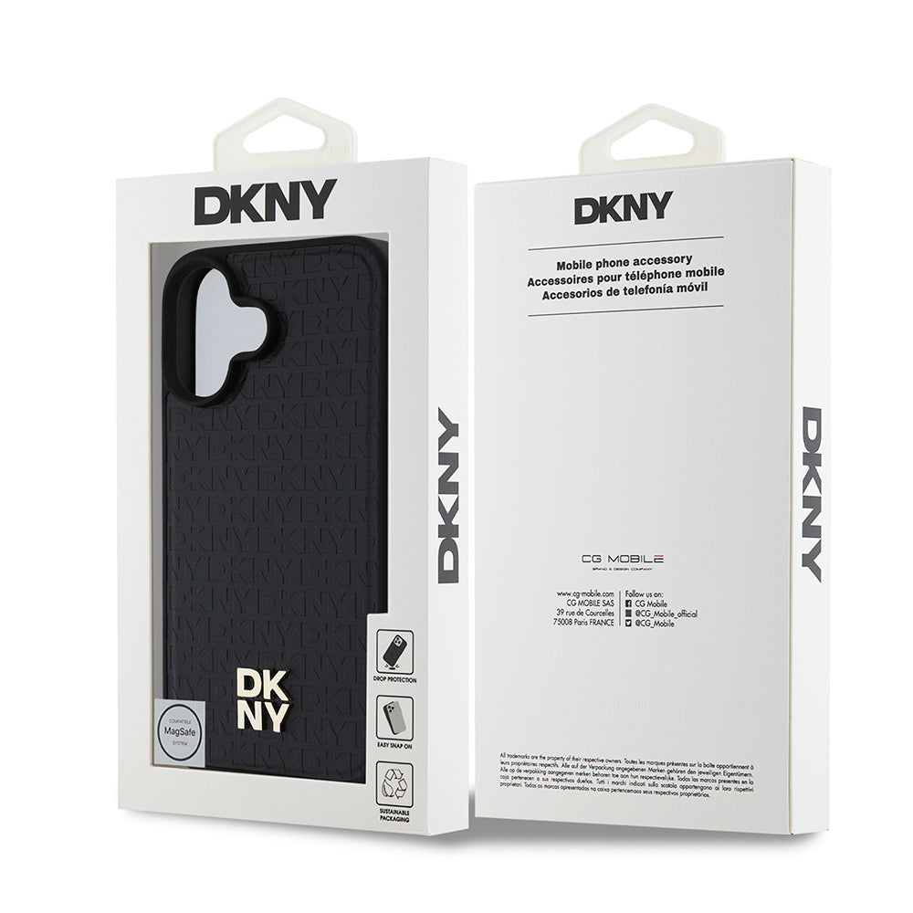 iPhone 16 Plus Kılıf DKNY Orjinal Lisanslı Magsafe Şarj Özellikli 3D Yazılı Repeat Pattern Kılıf Siyah