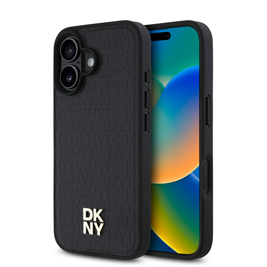 iPhone 16 Plus Kılıf DKNY Orjinal Lisanslı Magsafe Şarj Özellikli 3D Yazılı Repeat Pattern Kılıf Siyah